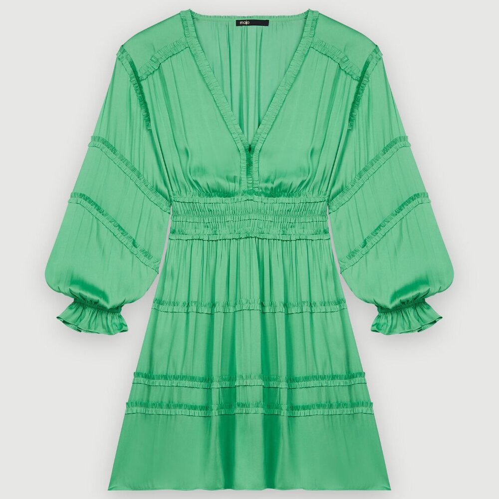 Maje Green Mini Dress | Boho Cottagecore Long Sleeve V Neck Size 36